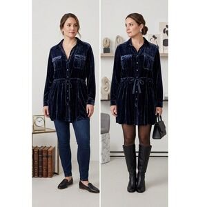 Coldwater Creek Velvet Shirt Dress Women L Navy Blue Silk Blend Drawstring Waist